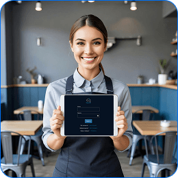 Сотрудница с планшетом с системой Paloma365 в заведении общепита